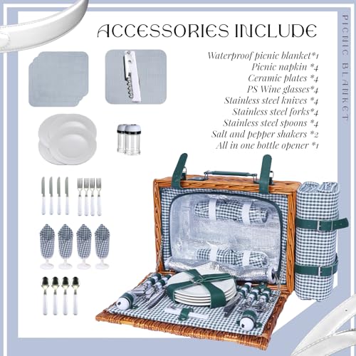 Picnic Basket Set for 4 with Waterproof Blanket Mat Insulation Bag Wicker Green Plaid Classic Cottagecore Gift for Christmas Thanksgiving Wedding Birthday Camp Outdoor Beach Travel - color: Green Plaid 2