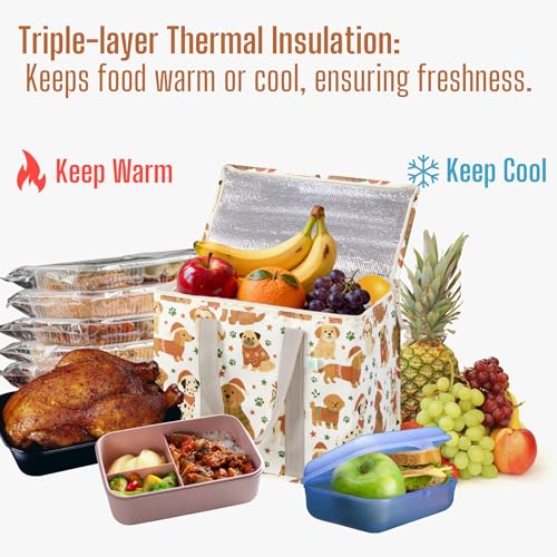 VENO 2 Pack Cooler Bag, Insulated Grocery Bags for Food Delivery, Collapsible Cooler, Reusable Shopping Bags for Groceries, Hard Bottom, Water Resistant, Zippered, Foldable (Holiday Pups, 2 Pack) - color: Holiday Pups, size: 15.7"W x 12.6"H x 8.7"D - 2 Pa
