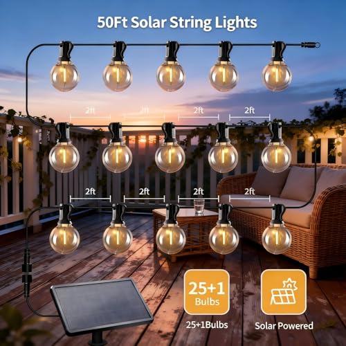 SANBEN Solar String Lights Outdoor with Remote, 50ft 25 Bulbs Solar Powered Patio Lights Waterproof, Dimmable & Timer, G40 LED Solar Lights for Camping Deck Backyard Garden Fence - size: 50ft-G40