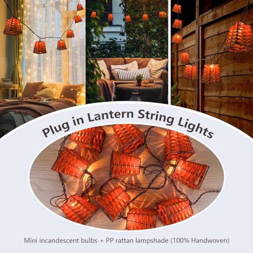 Outdoor-String-Lights-Waterproof, Boho Lantern String Lights for Patio, Garden, Porch, Balcony, Gazebo Decorative (PP Rattan) - style: Rattan