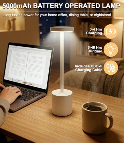 Swinerton White Rechargeable Cordless Table Lamps Set, 5000mAh Battery Powered Wireless Table Light, Portable LED Desk Lamp, 3 Color Dimmable Lighting for Restaurant Dining Patio Outdoor Bedroom - color: White (Set of 2)