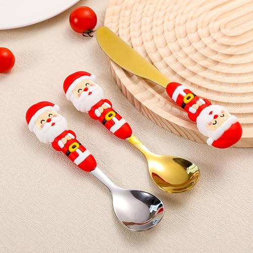Christmas Utensil Set | Reusable Portable Cutlery Set | Stainless Steel Knife Fork Spoons Gift Box | Includes Themed Utensils (Tree/Santa/Deer/Snowman) | Ideal Christmas Gift - color: Christmas Design-Gold