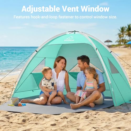 Wolfwise Large Beach Tent Sun Shelter for 3-4 Person, Spacious Sun Shade UPF 50+ UV Protection, Extendable Floor for Privacy, 3 Ventilated Mesh Windows, Carrying Bag, 95 ″x65″x55″,Mint Green - color: Mint Green