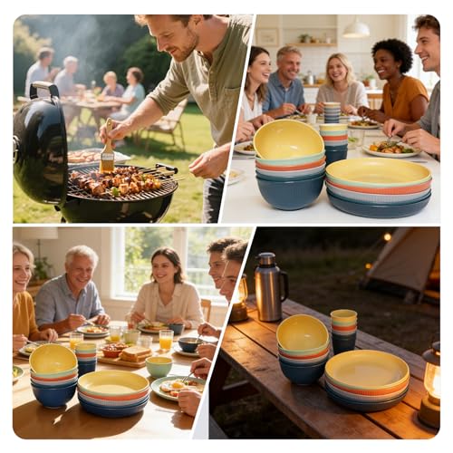 SHECIPIN 42Pcs Wheat Straw Dinnerware Sets, Unbreakable Plates and Bowls Sets, Eco Friendly Non Breakable Dinnerware, Dishwasher Microwave Safe Dinnerware - color: Colorful