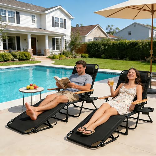 Outdoor Chaise Lounge Chair with 4-Position Adjustable Backrest, Patio Folding Sun Tanning Chair, Pillow & Cup Holder, Portable Recliner Sunbathing Lounger Chairs for Pool Beach Lawn Garden (Black) - color: Black
