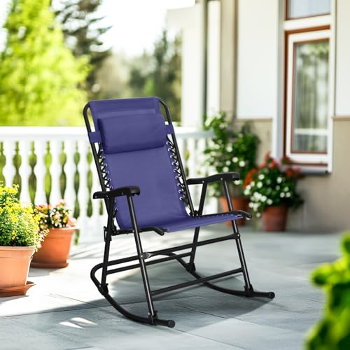 Amazon Basics Outdoor Portable Folding Rocking Chair with Headrest, Ergonomic Design, Weather-resistant Textilene Fabric for Porch, Blue - color: Navy Blue