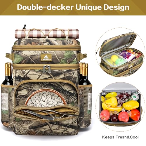 Laripwit Picnic Backpack Cooler - 54 Cans Large Soft Camo Lunch Backpack Bag Insulated Leakproof with Double Deck Compartment - color: Camo-with Stretchy Strap