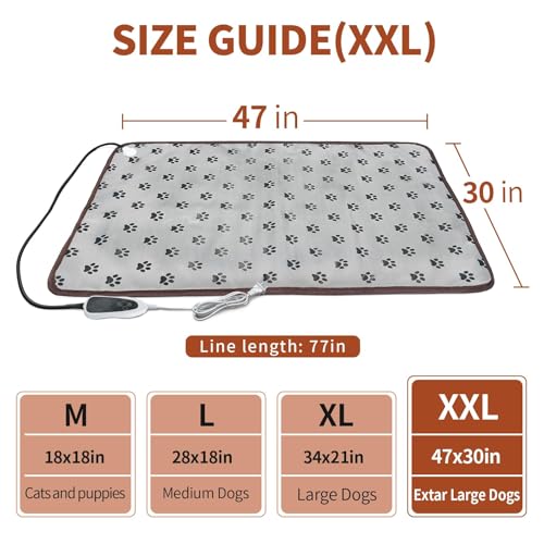 GOLOPET Extra Large Dog Heating Pad 47x30 in with Smart Thermostat Switch and Power Line Protection Tube,Obtained MET and UL Dual Certification,Waterproof Pet Heating pad-Paw Print - size: 47.0"L x 30.0"W x 0.5"Th