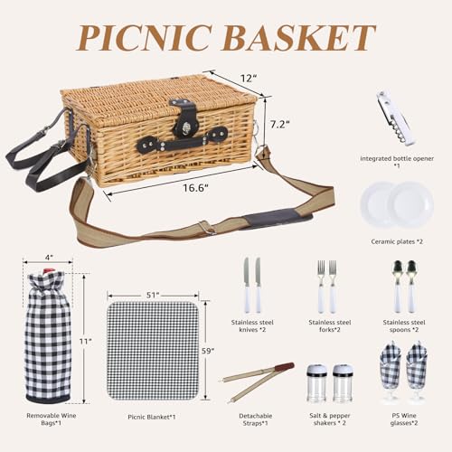 Picnic Basket for 2 with Blanket, Willow Picnic Basket Set with Shoulder Strap&Wine Pouch, Large Willow Hamper with Insulated Cooler for Outdoor, Camping, Beach, Couples, Wedding Gift - color: Black and White Grid