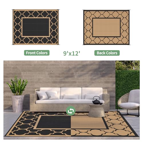 GENIMO Outdoor Rug 9' x 12' Patio Waterproof, Foldable Reversible Plastic Straw Area Rugs Mat for Camper Decor, Outside Carpet for Rv, Deck, Porch, Picnic, Beach, Balcony, Black & Brown - color: Black&brown, size: 9' x 12' (Rectangular)