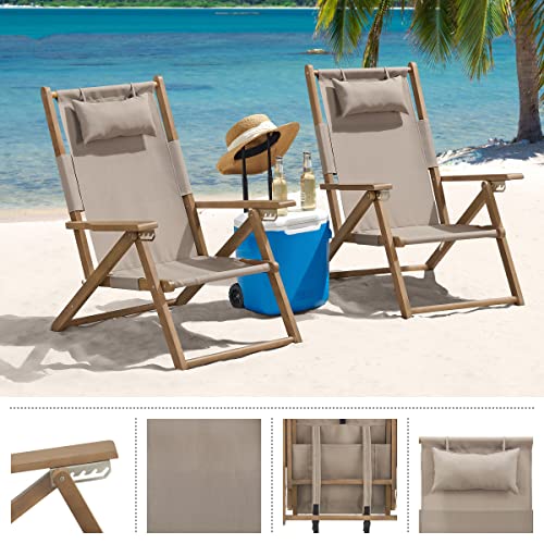 Lavish Home Set of 2 Beach Chair - Outdoor Weather-Resistant Wood Folding Chair with Backpack Straps - 4-Position Reclining Seat - Beach Essentials (Taupe) - color: Taupe, style: Set of 2