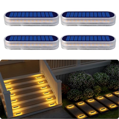 DetarZinLED Solar Step Lights Outdoor Waterproof LED, 4 Pack Warm White Flat Solar Powered Deck Lights for Outside, Stick on Light Bar for Stair, Dock, Patio, Garden, Path, Walkway, Driveway, Porch - size: 4pcs Warm White Bar