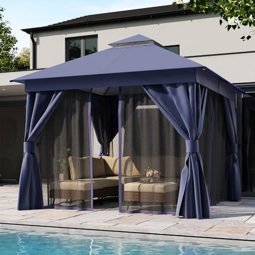 LAUSAINT HOME 10'x10' Outdoor Gazebo, Metal Frame Heavy Duty Patio Canopy Tent Shelter with Double Roofs, Mosquito Nettings and Privacy Screens for Backyard, Garden, Lawn, Navy Blue - color: Navy Blue, size: 10'x10'