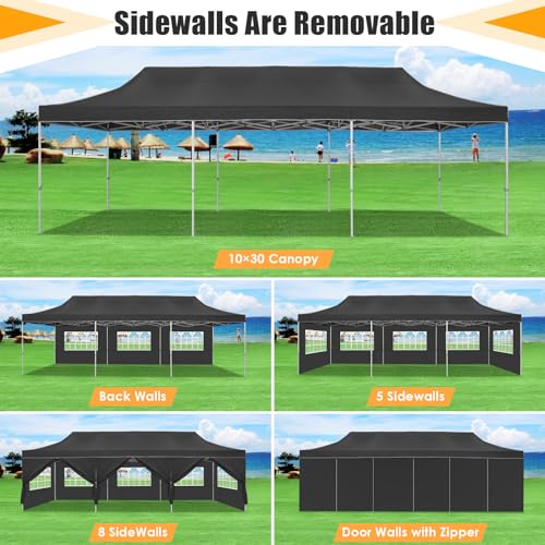HOTEEL Tents for Parties 10x30 Pop Up Canopy Tent Heavy Duty with 8 Sidewalls, Commercial Party Tent Event Wedding Instant Canopy Waterproof with Carry Bag, UV 50+, Thicked Hexagonal Legs, Black - color: Black, size: 10x30FT (+8 Walls)