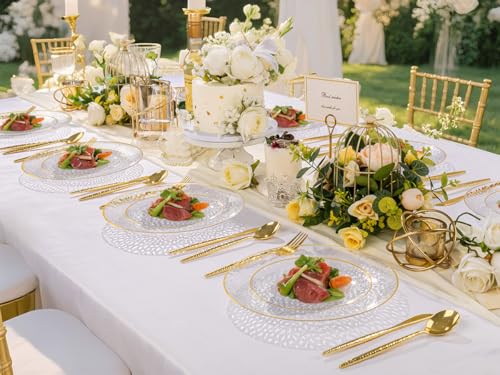 Rubtlamp 60Pcs Clear Plastic Plates,Clear Disposable Plates With Gold Rim,Heavy-duty Gold Plates,Hammered Party Plates Include 30Clear Dessert-Platos,30Dinner-Platos for Wedding, Party - color: Clear Gold