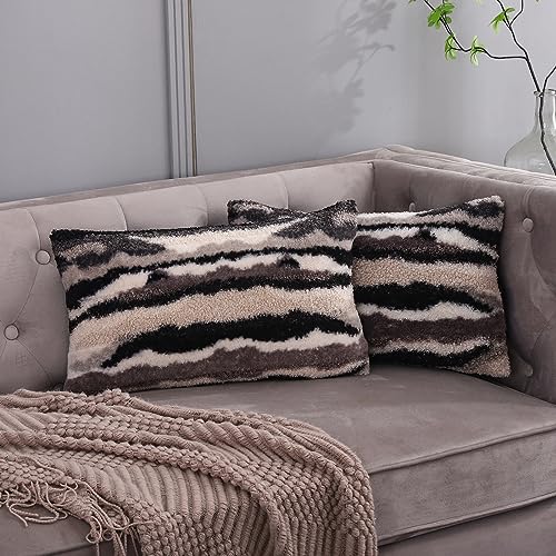 12x20 Decorative lumbar Throw Pillow Covers Set of 2 Black White Faux Fur Fluffy Boucle Cushion Cases Boho Sherpa Neutral Fuzzy Plush Indoor Winter Decorations Home Decor for Livingroom Bed Couch Sofa - color: Black, size: 20" x 12" (Pack of 2)
