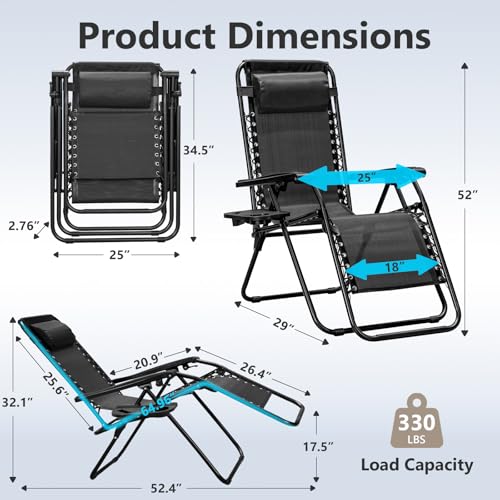 Zero Gravity Chair, Adjustable Lounge Chair, Outdoor Recliner, Folding Anti Gravity Lounge Chairs, Lawn Chairs Reclining with Pillow & Cup Holder for Pool Camping Sunbathing Beach Patio (Black) - color: Jet Black, size: 1pc