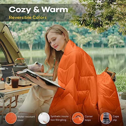 UNIKOME Waterproof Puffy Camping Blanket - Lightweight Packable Outdoor Quilt with Corner Loops, Warm Compact Blanket for Cold Weather Hiking Picnic Stadium Travel, 75"×52", Orange - color: 06 Orange