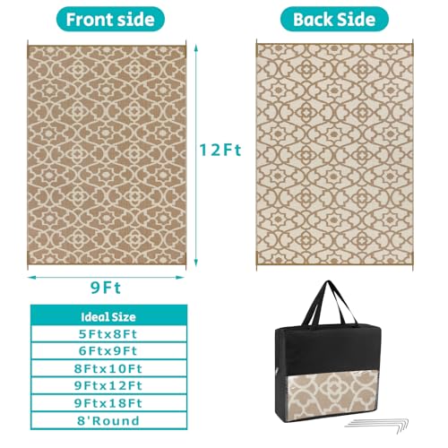 HEBE Outdoor Rug Waterproof 9x12, Plastic Straw Rug Camping Rug, Reversible Outdoor Patio Rugs RV Mat Clearance, Indoor Outside Floor Carpet for Porch,Deck,Camper,Balcony,Backyard - color: Beige, size: 9' x 12' (Rectangular)