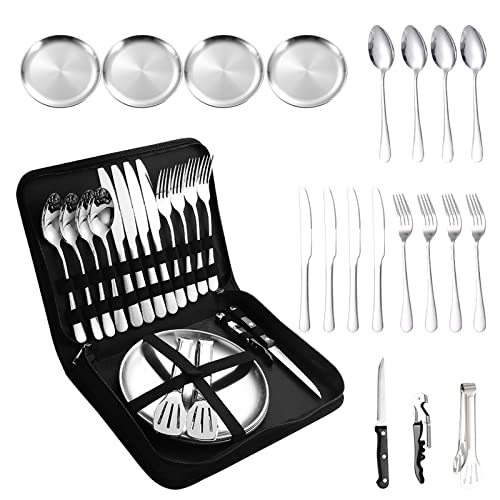 Camping Silverware Silver Picnic Plates and Utensils Set for 4 Portable Tableware Stainless Steel Dinnerware 20 Pieces With Organizer Bag Reusable Durable - size: 20, style: Silver Camping Flatware