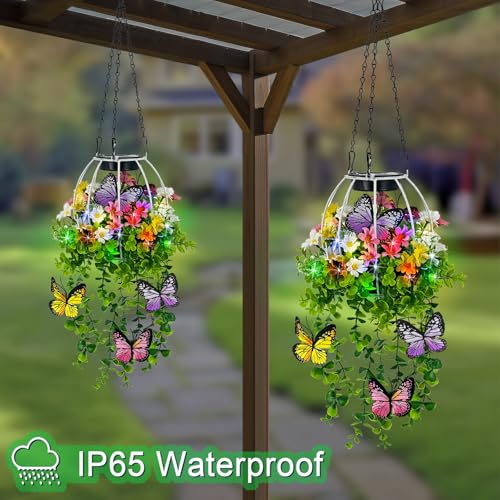 Solar Hanging Lanterns Outdoor Decor,Colorful Lights with Artificial Butterfly & Flowers Danglers for Porch,Yard,Patio,Spring Garden Decorations