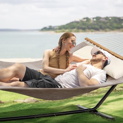SUNCREAT Portable Hammock with Stand Included, Stand Alone Backyard Hammock for 2 Person, 450 lbs Capacity, Brown - color: Brown, size: 78.7 x 55.1 in, Hammock with 144 in Stand