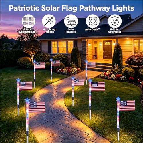 8 Piece Solar American Flag Pathway Stake Light Set, Patriotic Red White Blue Waterproof LED Outdoor Yard Garden Stake with 8 Lighting Modes for 250th Anniversary, 4th of July Decoration (A 3pcs) - color: A 3pcs