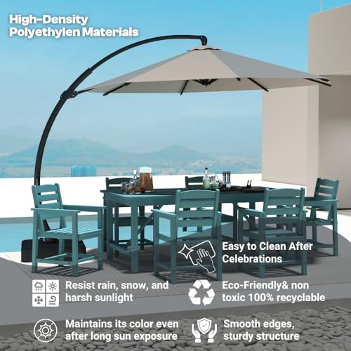 Outdoor HDPE Dining Set 7 Pieces, Patio Table with Umbrella Hole and 6 Chairs, All Weather Patio Furniture for Lawn, Garden, Backyard, Deck, Poolside, Outdoor Dining Table and Chairs, Aruba Blue - color: Aruba Blue, size: 7-Piece (1 Table + 6 Chairs)