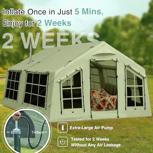 KNUO Inflatable Camping Tent, Large Blow-Up Air Tent, No Assembly Needed Luxury Glamping House, Oxford Fabric - color: Field Green-Dual-layer Doors, size: 12x15ft