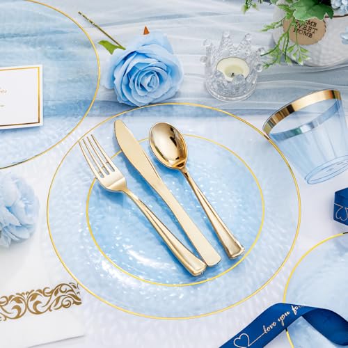 DaYammi 350PCS Clear Blue Gold Plastic Dinnerware Set for 50 Guests, Hammered Disposable Plates for Party, Include: 50 Dinner Plates, 50 Dessert Plates, 150 Gold Silverware, 50 Napkins, 50 Cups - color: Clear Blue, size: 350 Pcs