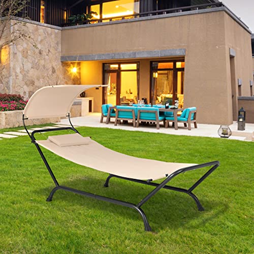 Tangkula Hammock with Stand Included, Heavy Duty Outdoor Hammock with Adjustable Canopy, Rustproof Metal Stand, Pillow, Storage Pocket, Hammock Bed with Stand for Backyard Lawn Poolside (Beige) - color: Beige