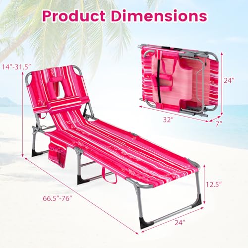 COSTWAY Tanning Chair with Face Hole, Folding Beach Lounge Chair with 4-Position Adjustable Backrest, Pillow & Side Pocket, Foldable Chaise Lounge Chair Outdoor for Sunbathing, Camping (1, Pink+White) - color: Pink+white