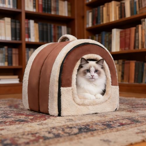 Hollypet Cat Bed Self-Warming 2 in 1 Foldable Kitty Cave Hut House Nest Pet Sleeping Bed, Crystal Velvet Pet Condo for Indoor Cats, Brown Arched Cave - color: Brown Arched Cave