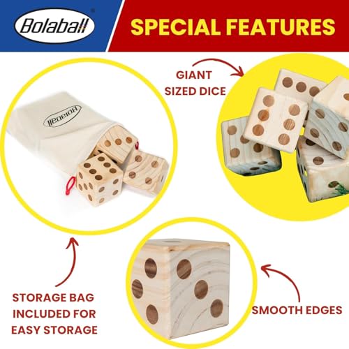 Bolaball 3.5" Giant Wooden Yard Dice Set Pack of 2 for Outdoor Fun, Barbeque, Party Events, Backyard Games, Beach Games, Lawn Game Includes 6 Dice and a Carry Bag for Easy Storage