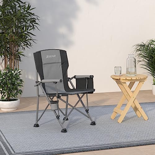 XGEAR Camping Chair with Padded Hard Armrest, Sturdy Folding Camp Chair with Cup Holder, Storage Pockets Carry Bag Included, Support to 400 lbs - color: 1-grey