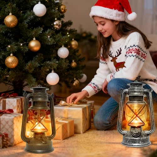 Vintage LED Outdoor Lantern Battery Powered Lanterns with Flame Wick Waterproof Camping Lamp Non-Solar Hanging Lantern Lights Landscape Decor for Indoor/Outdoor Use- Silver Color - style: Silver color