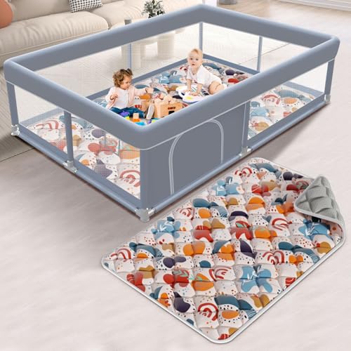 XVISHX 65 x 50 Inch Baby Playpen with Mat, Playpen for Babies and Toddlers, Baby Play Pen Playard for Indoor & Outdoor Active Center Game Fence, Skin-Friendly Fabric and Soft Breathable Mesh, Grey - size: 65 × 50 Inch + MAT