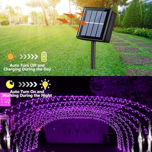 YEGUO Purple Solar Halloween Lights, 66ft 200 LED Solar Rope Lights Outdoor Waterproof, 8 Modes Fairy Lights in Clear Thin Tube - color: Purple