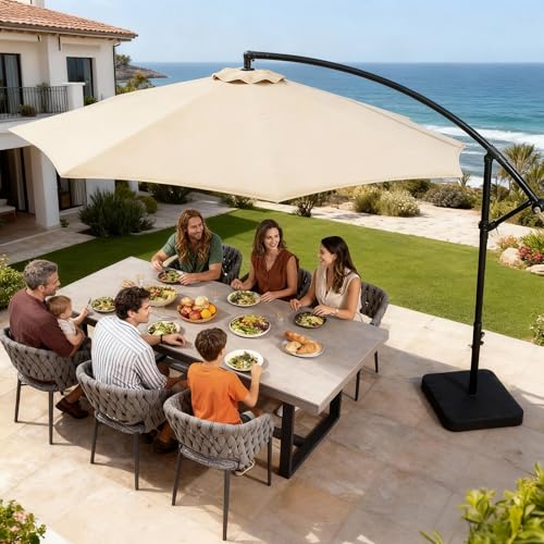 OLILAWN Cantilever Offset Patio Umbrellas, Outdoor 10 feet Large Patio Umbrella with Base Included, Upgraded Yarn-dyed Fabric Shade, Sturdy 8 Rids, 360 Degree Rotation & Easy Tilt Adjustment, for Pool Deck Porch Backyard Garden - color: Buff, size: 10FT w
