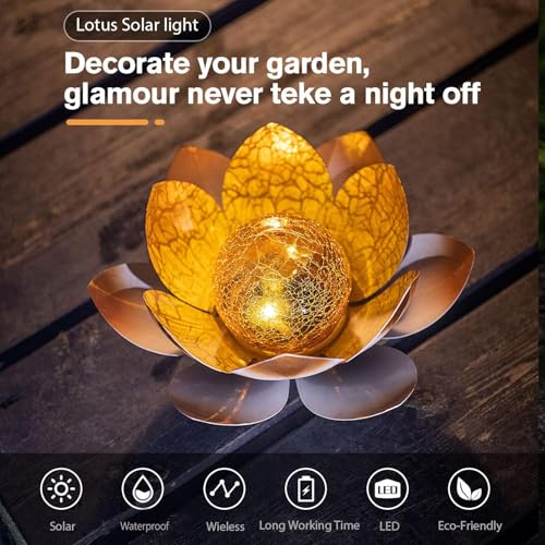 AIINY Garden Solar Lights Outdoor(2Pack), Amber Crackle Globe Glass Lotus Decoration, Waterproof Orange Metal LED Flower Lights for Patio,Lawn,Walkway,Tabletop,Ground, Garden Gifts for Women - color: Orange