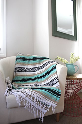 Del Mex Classic Mexican Blanket, Large Authentic Woven Falsa Throw (70"x50"), Artisan Southwest Décor for Beach, Yoga, Outdoors (Mint/Tan) - color: Mint/Tan