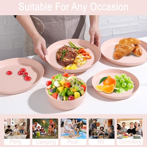 EI 12pcs Pink Wheat Straw Plates,Wheat Straw Dinnerware Set for 4,Plates and Bowls Sets,Plastic Plate Reusable,Unbreakable Plastic Plate Melamine,Camping Family Dishes Set - color: Pink Wheat Straw Plates and Bowls