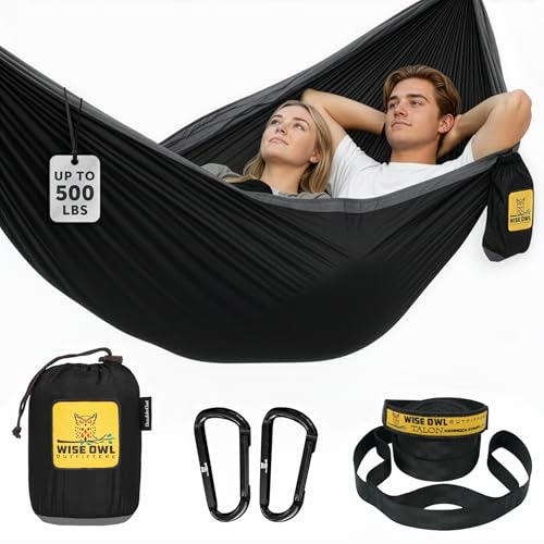 Wise Owl Outfitters Camping Hammock – 500lbs Portable Hammock with Tree Straps - Travel, Backpacking, Hiking, Outdoors Camping Gear - Single or Double - color: Black & Grey, size: Double