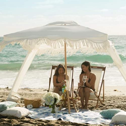 AMMSUN Beach Cabana with Beach Blanket, 7' x 7' Boho Canopy with Tassels, Premium Wood Pole, Fringe Cabana Tent with Sand Pockets, Instant Sun Shade for Sand, Garden, Outdoor, Elegant White - color: Elegant White with Beach Blanket