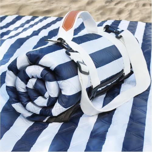 Genovega Waterproof Sandproof Beach Blanket Picnic Outdoor Mat Rug Extra Large Foldable Sand Free Big Giant XL Car Essential Roadtrip Gadget Rv Accessories Gear Must Haves Hiking Items Necessities - color: Stripe Navy