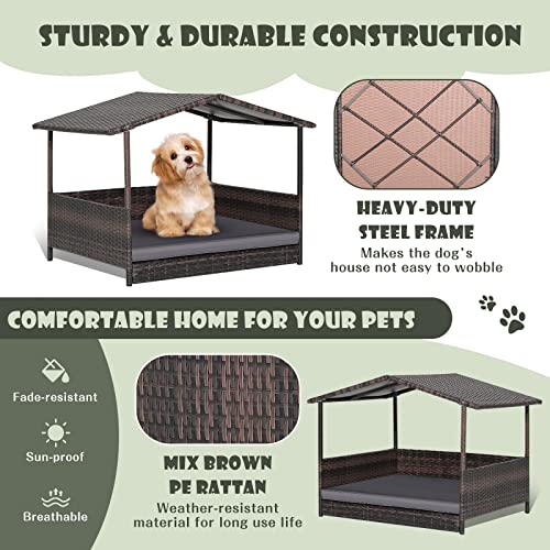 Giantex Wicker Dog House, Raised Rattan Dog Bed with Waterproof Roof, Washable Cushion Cover, Steel Frame, Indoor Outdoor Elevated Dog Bed Pet House for Small Medium Dogs Cats, Easy Assembly - style: Brown House & Gray Cushion