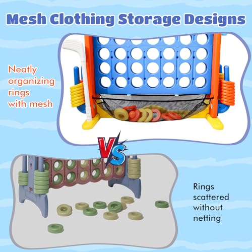 Giant 4-in-A-Row Connect Game Set, Adjustable Height Jumbo Yard Game with Golf, Basketball Hoop, Ring Toss & Mesh Pocket, Indoor & Outdoor Yard Connect Game for Kids Adults Family - color: Blue