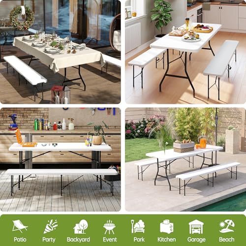 Real Relax 6' Picnic Table with 2 Benches, 3 Piece White Portable HDPE Folding Camping Table and Benches for Courtyard, Garden, Outdoor Leisure, Party - color: White