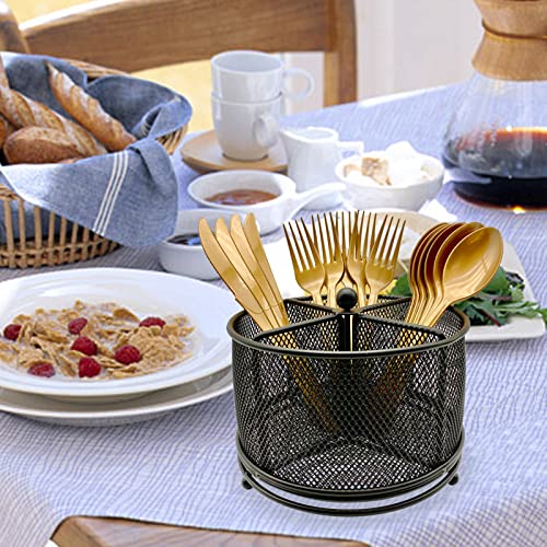 DysanVica 360° Rotating Metal Utensil Caddy - 4 Compartment Silverware Cutlery Holder Rotation Fork Spoon Napkin Organizer Flatware Storage Basket Party Countertop Buffet Picnic Camping Outdoor Black - color: Black