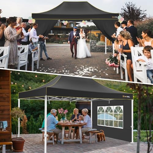 HOTEEL Canopy Tent 10x15 Heavy Duty Pop Up Canopy with Sidewalls, Party Tent with Roller Bag for Event Wedding, Upgraded Commercial Waterproof Instant Canopy, Thick Hexagonal Legs, UPF50+, Black - color: Black, size: 10x15FT (+4 Walls)